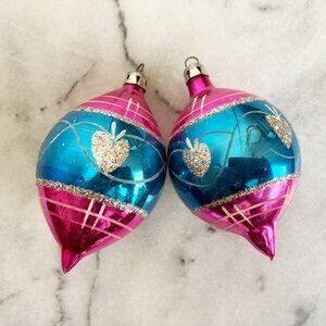 Vintage Poland Polish Fantasia Pair Christmas Tree Ornaments Teardrop Pink Blue